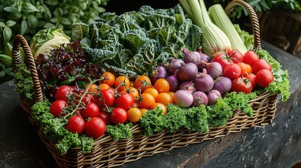 A wicker basket filled with fresh, organic vegetables