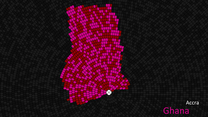 A map of Ghana is presented as a mosaic with a dark background, and the country's borders are outlined in the shape of a colorful mosaic, centered around the capital city.
