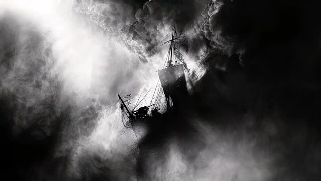 Dark ship with smoke surrounding it in the background