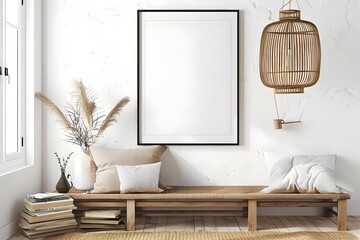 Big vertical empty mock up poster black frame on white stucco wall above wooden bench with books and vases. Scandinavian interior design of modern living room with rattan pendant lamp.