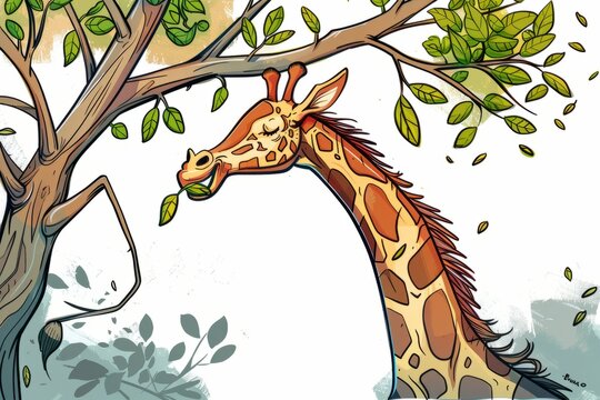 Cartoon cute doodles of a clumsy giraffe trying to reach for leaves on a high tree branch and stumbling over its long legs, Generative AI