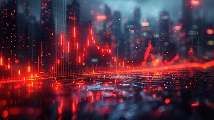 A digital cityscape with a red and black color scheme