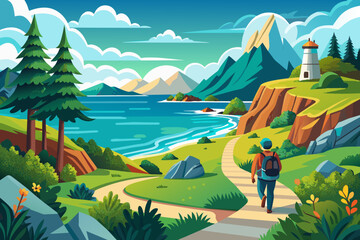 Coastal hiking landscape vector illustration