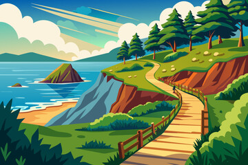 Coastal hiking landscape vector illustration