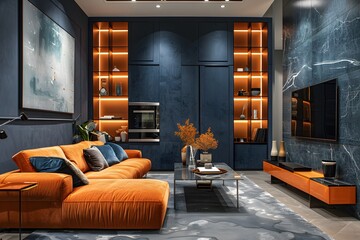 Interior design of modern living room with dark blue walls and orange furniture.