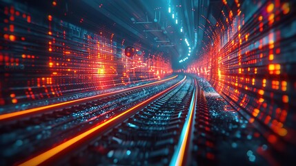 A digital train speeds through a tunnel of binary code