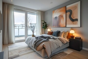 Scandinavian interior design of modern bedroom with big art poster frame.
