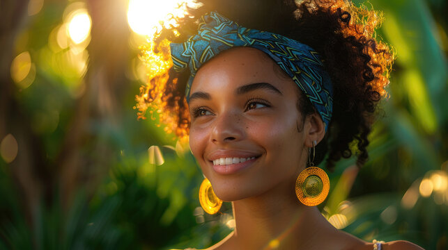 Portrait of an African American woman with a bright blue hair band smiling happily while looking out over a lush garden under the afternoon sun