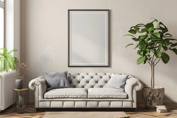 Sofa and potted tree against beige wall with big blank mock up poster frame, scandinavian home interior design of modern living room.