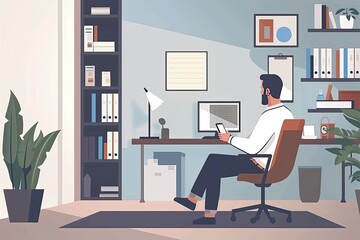 A consultant is giving presentations on a tablet in a functional and well-lit study corner. Simple and minimalist flat Vector Illustration