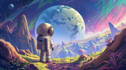Obraz premium Cosmic explorer: astronaut contemplating a distant earth