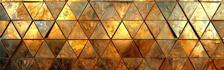 Golden Geometric Mosaic Wallpaper Texture with Fluted Triangles - Abstract Background Banner
