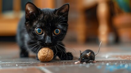 Generate an image of a sleek black cat batting at a toy mouse with its delicate paw
