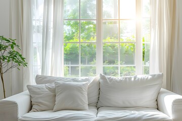 White fabric sofa against of big french window. Scandinavian interior design of modern living room.