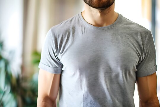 Young man wearing gray tshirt for mockup on blurred bokeh background.
