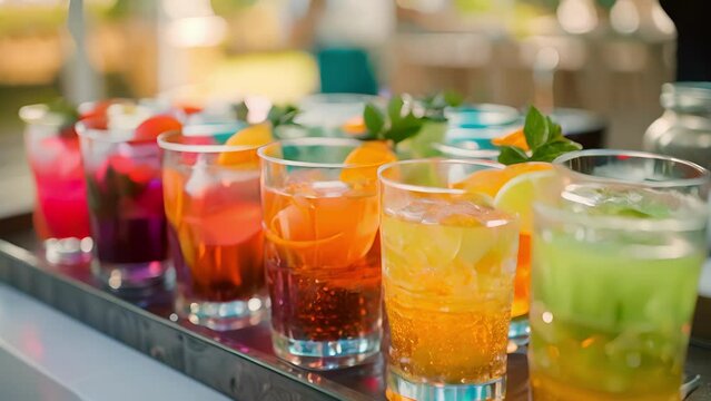 Several glasses of colorful mocktails arranged on a tray ready to be served to the guests.