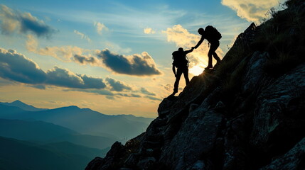 Hiker helping friend reach the mountain, Holding hands and walking up the mountain