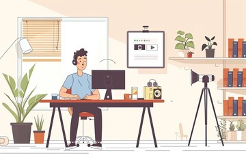 A content creator is filming videos at a desk in a modern and well-equipped study room. Simple and minimalist flat Vector Illustration