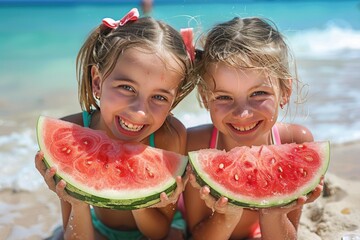 Joyful Young Sisters Enjoying Fresh Watermelon on Sunny Beach