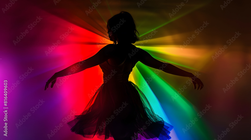 Wall mural rainbow woman silhouette woman in colorful bright lights posing in studio art design colorful girl o