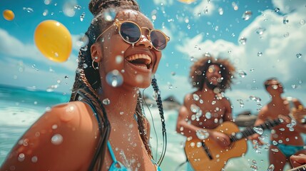Joyful Beach Party With Friends Enjoying Music and Water Splashes