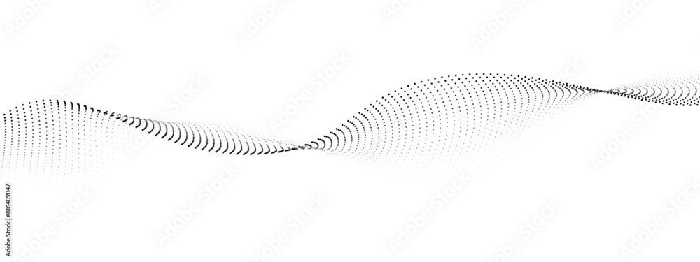 Poster abstract flowing dots particles wave curved lines on transparent background. black halftone gradient