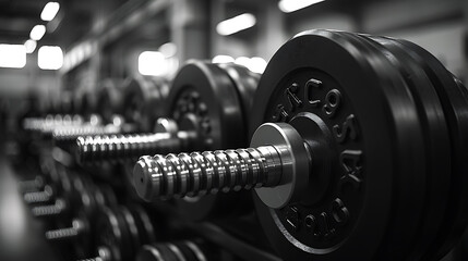 several barbells arranged on a rack in the gym