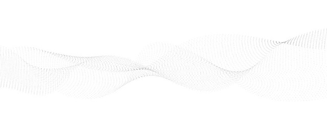 Abstract flowing dots particles wave curved lines on transparent background. Black halftone gradient smooth curve line shape background. Design for frequency sound, technology, science, banner. Vector