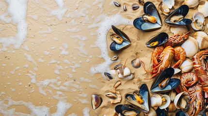 Seafood from shells and mussels on the shore of the sandy sea.