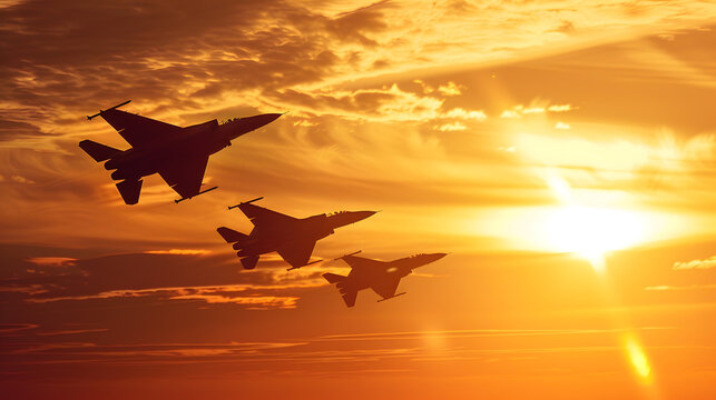 Air Force Day Aircraft silhouettes on background of sunset Combat flight of interceptors on a mission : Generative AI