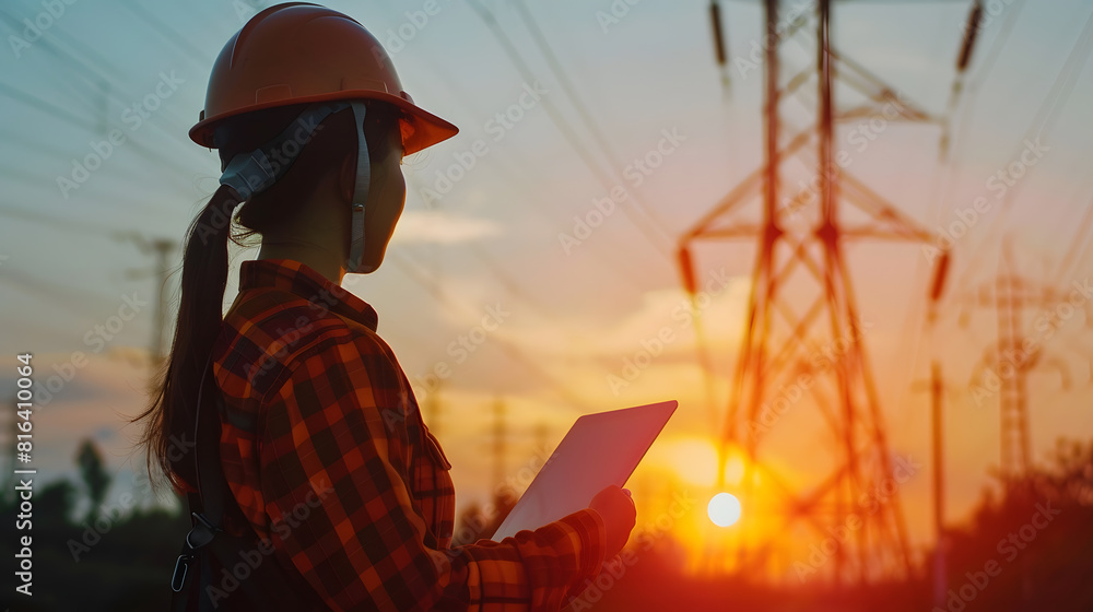 Poster Woman engineer power engineer in helmet checks power line using computer tablet online Electrician in outdoors Electric lines of high voltage at sunset Distribution and supply of elect : Generative AI