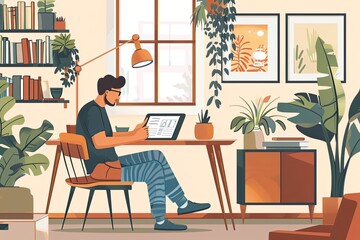 Fototapeta premium A freelancer is designing on a tablet in a simple and elegant home office environment. Simple and minimalist flat Vector Illustration