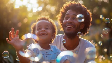 Joyful African American father and young son playing with bubbles in a sunlit park, sharing a cheerful moment