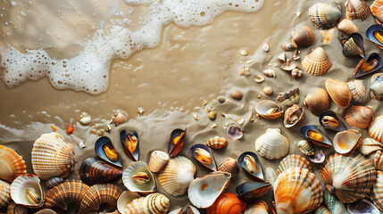 Seafood from shells and mussels on the shore of the sandy sea.