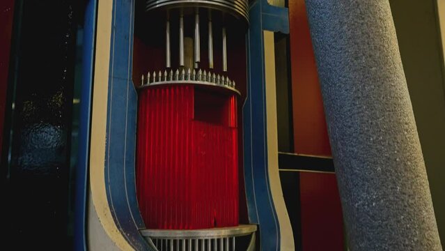 Close up of Model of Nuclear reactor in museum. Stock footage. Concept of science technologies.