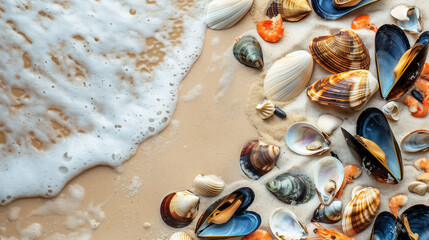 Seafood from shells and mussels on the shore of the sandy sea.