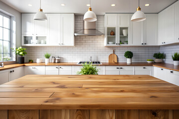 Empty beautiful wood table top counter and blur bokeh modern kitchen interior background