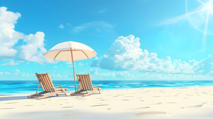 Beach background with two beach chairs and umbrella on white sand under blue sky, summer vacation concept
