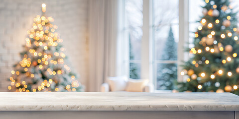 Empty white wold table top with abstract warm living room decor with christmas tree string light blur background with snow,Holiday backdrop