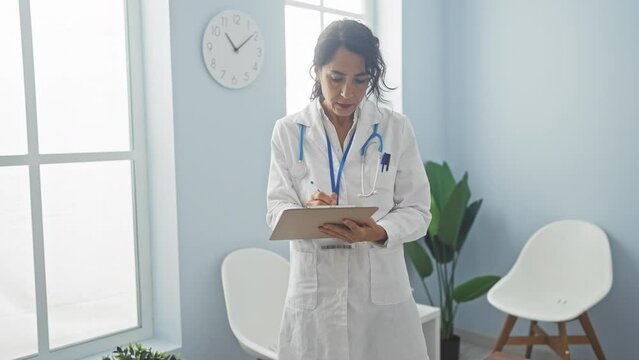 Hispanic woman doctor taking notes in a bright clinic room with a clock and chair