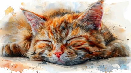 Create a scene of a watercolor clipart line art cat face with realistic fur texture