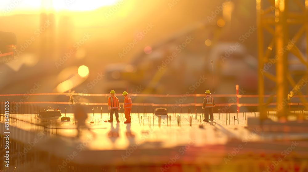 Poster a team of engineers on a construction site pass a blurry construction site at sunset : generative ai