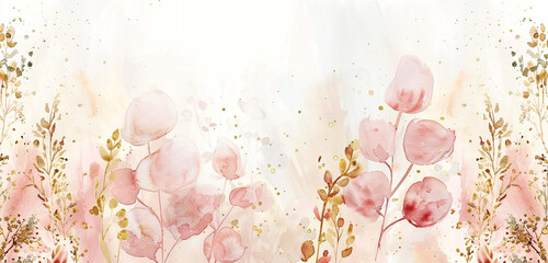 Graceful blush & ivory watercolor with subtle gold wide format on white.