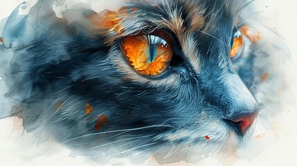 Create a scene of a watercolor clipart line art cat face with realistic fur texture