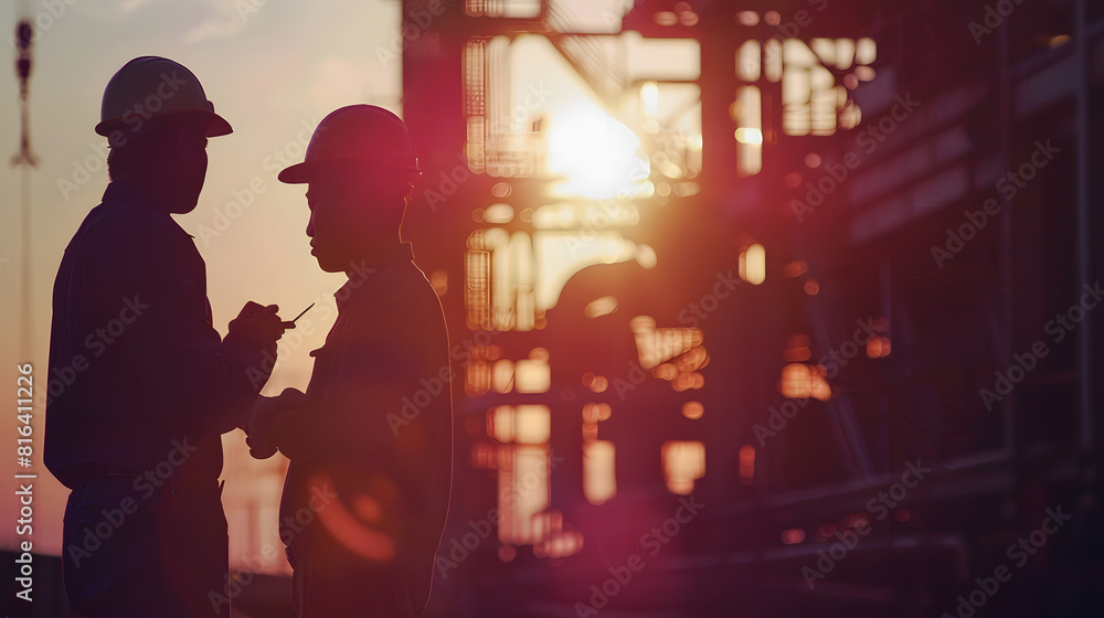 Aufkleber Silhouette of Engineer and worker checking project at heavy infrastructure building site background construction site at sunset in evening time : Generative AI