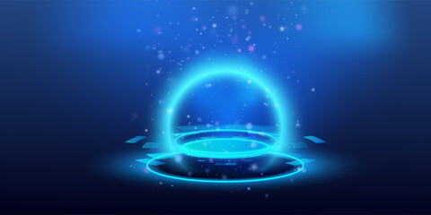 Hologram portal on blue background. Podium teleport with neon light circles. Fantasy futuristic technology high tech platform. Vector illustration.