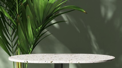 Round terrazzo white table podium, tropical palm tree in dappled sunlight on green wall for modern,...