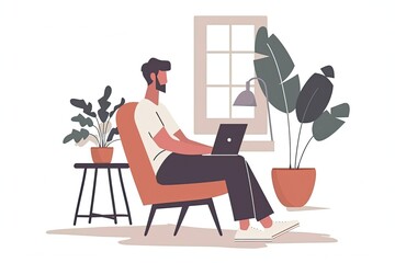 A man is seated in a chair focused on his laptop screen working diligently Freelancer work from home Simple and minimalist flat Vector Illustration