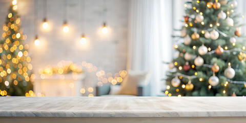 Empty white wold table top with abstract warm living room decor with christmas tree string light blur background