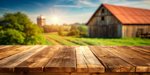 empty wooden brown table top with blur background of farm and barn. Exuberant image